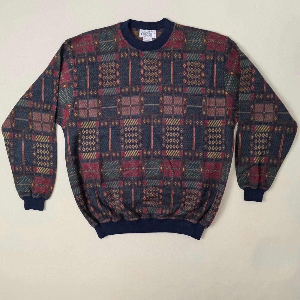 Concelli Wool Sweater Men's L Multicolor Blend Geometric Knit Tapestry Italy Vtg